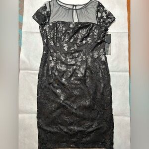 Adrianna Papell black sequin and mesh cocktail dress size 16 NWT